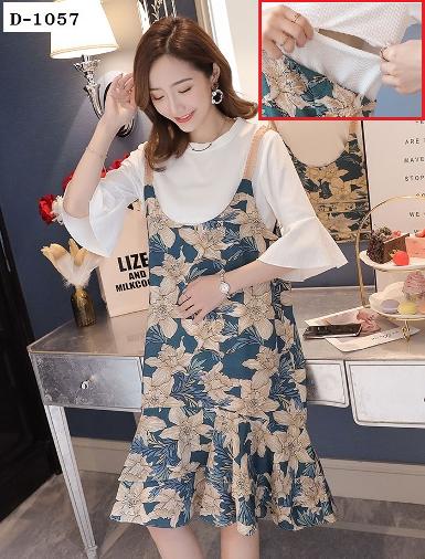 เอี๊ยมกระโปรงคนท้องแฟชั่น ผ้าลายดอกไม้ สวมใส่สบาย + เสื้อยืดผ้าร่องสีขาว เปิดให้นมได้ D-1057