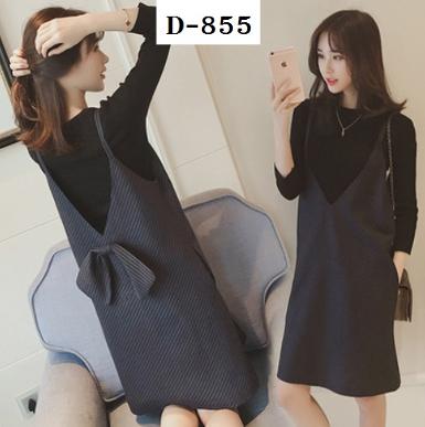 เอี๊ยมกระโปรงคลุมท้องแฟชั่น ผ้าลายเฉียง แต่งโบว์ด้านหลัง สีกรม+เสื้อยืด D-855